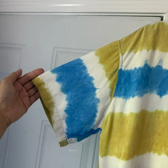 TUGU men’s yellow blue white striped rayon tie dye button up shirt - Picture 2 of 6